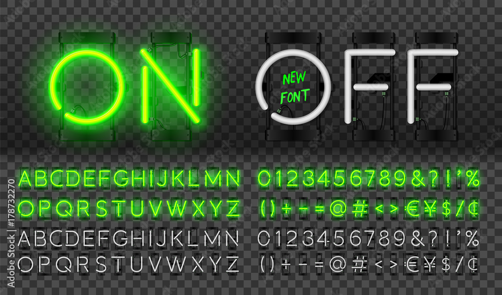 Poster big green neon set, glowing alphabet, vector font. glowing text effect. on and off lamp. neon number
