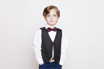 Portrait of laughing beautiful blond child. Close up of cheerful funny small boy isolated on white background.