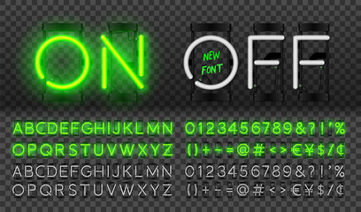 Big green neon set, glowing alphabet, vector Font. Glowing text effect. On and Off lamp. Neon Numbers and punctuation marks. isolated on transparent background. © Pro_Vector