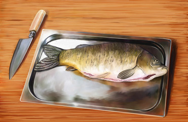 Still life paintings, fine art .Fresh fish on a cutting board. Knife for cutting raw fish on a light wooden background. Top view.