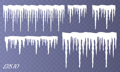 Set of snow icicles isolated on transparent background. Vector illustration