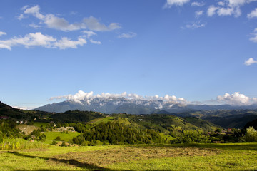 Green hills in mountain valley. spring landscape