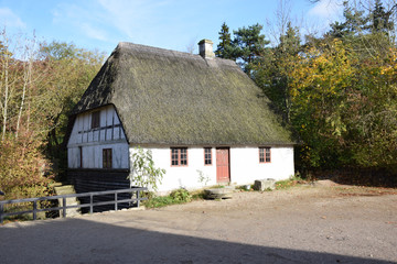 Fototapeta na wymiar altes weißes Bauernhaus mit Reetdach