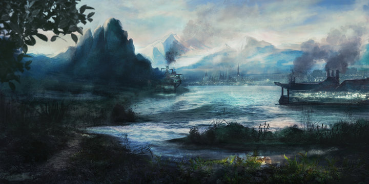 Painting of an idyllic landscape with an imaginary city