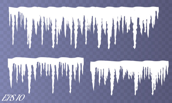 Set of snow icicles isolated on transparent background. Vector illustration