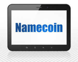Fototapeta premium Cryptocurrency concept: Tablet Pc Computer with blue text Namecoin on display, 3D rendering