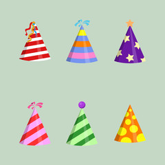 Party hat cone with white circles collection. Accessory of the holiday.