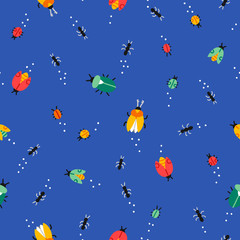 Naklejka na ściany i meble Beetles and bugs pattern on blue background