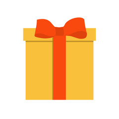 Closed gift box, surprise concept. Yellow square gift box with red ribbon