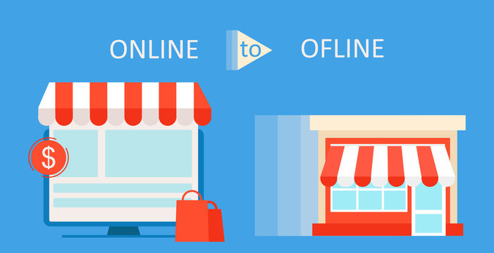 Online To Offline Commerce Definition Banner. Shop On Site And Shop In Real Life. Involve Seo Users