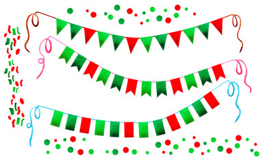 Watercolor painting Christmas flags garland isolated on white background.Christmas color flag garland,bright buntings garlands,confetti falling illustration,invitation card new year,greeting backdrop
