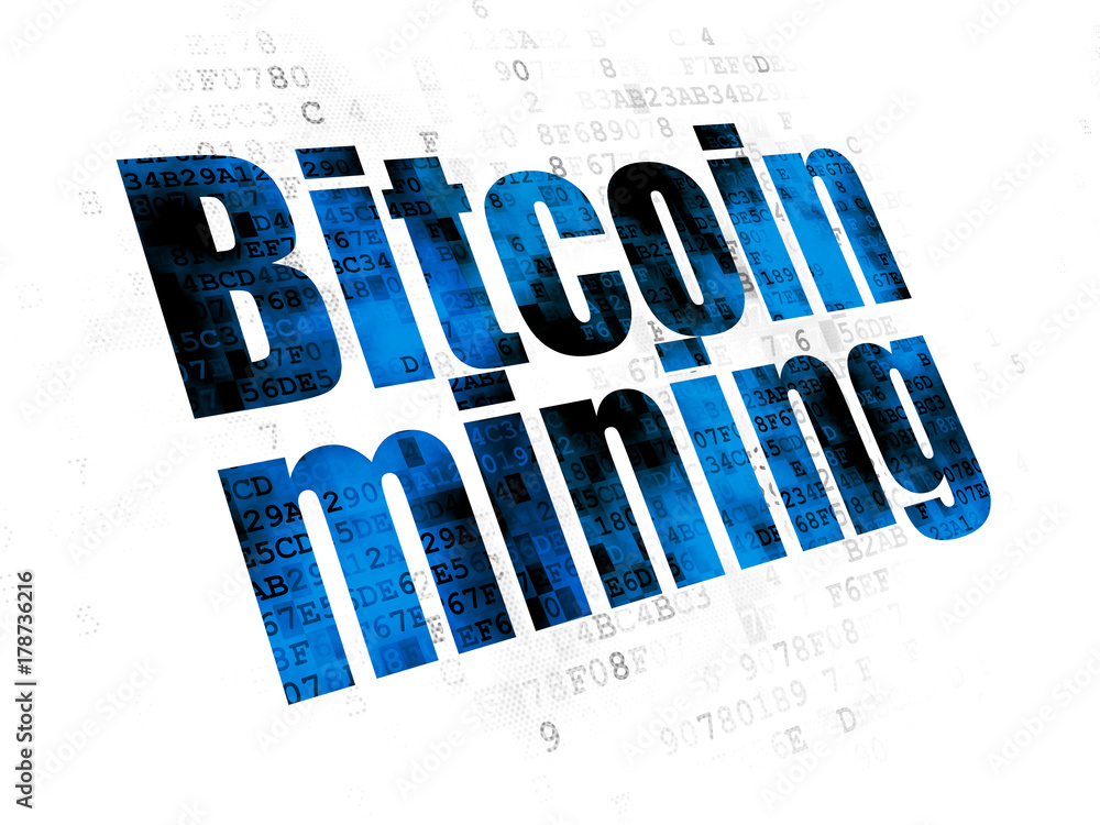 Poster cryptocurrency concept: pixelated blue text bitcoin mining on digital background