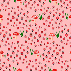 Seamless pattern with toxic amanita mushrooms and ladybugs. Fly-agaric background.