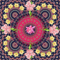 Unique pattern with phlox, epiphyllum and wreath of purslane flowers on ornamental background in indian style.