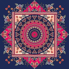 Beautiful bandana  print with mandala - sun and ornamental frame.