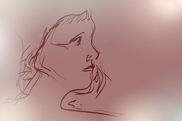 Hand drawn sketch of a woman's face with questioning look, female portrait in profile over blurry bokeh background, vector illustration