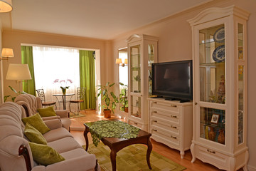 Modern classical drawing room with white furniture
