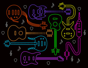 Guitar illustration in neon colors on a black background. For print or web  