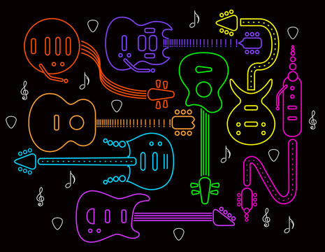 Guitar illustration in neon colors on a black background. For print or web  