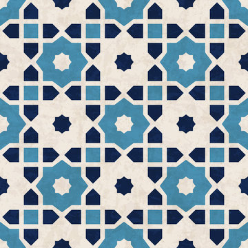 Abstract geometric mosaic pattern, marbled tiles in Moorish style, textured seamless vector illustration