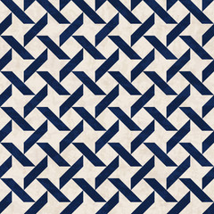 Abstract geometric mosaic pattern, marbled tiles in Moorish style, ink blue and cream white, textured seamless vector illustration