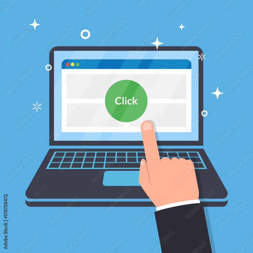 Aufkleber the user clicks on the laptop screen. concept of clicking on the website interface. vector flat illu