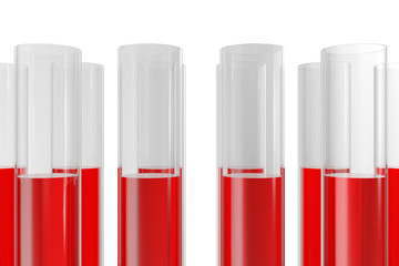 Chemistry flasks with colored liquid on white background background. Science chemistry concept. Laboratory test tubes and flasks with colored liquids, 3D rendering