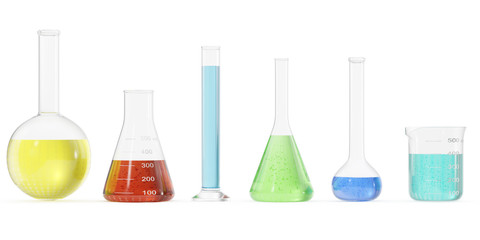 Chemistry flasks with colored liquid on white background. Science chemistry concept. Laboratory test tubes and flasks with colored liquids 3D rendering