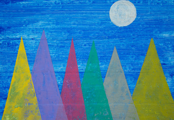 Abstract mountain peaks with full moon