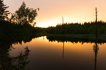 Beautiful sunset at the forest river