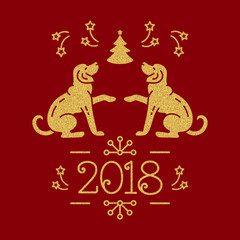 Dog Christmas, Year of the Dog 2018 Chinese Zodiac. Yellow golden dogs, snowflakes, christmas tree, fireworks on a red background. Vector New Year Card