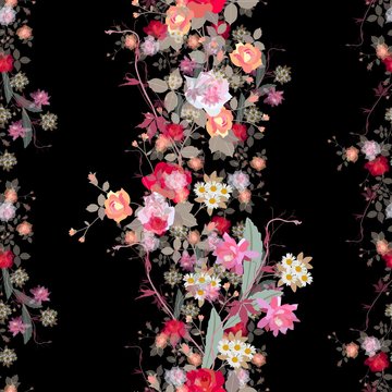 Fototapeta Picturesque exotic floral seamless pattern on black background.