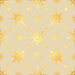 Gold circle seamless pattern. Abstract gold geometric modern background. Vector illustration. Shiny backdrop. Texture of gold foil. Art deco style.