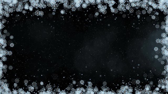 New year frame background. Abstract winter card animation with snowflakes, stars and snow. Computer generated seamless loop.
