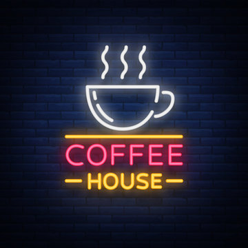 Coffee neon signboard, logo, glowing emblem, vector illustration for your business. A bright signboard advertising coffee, hot drinks