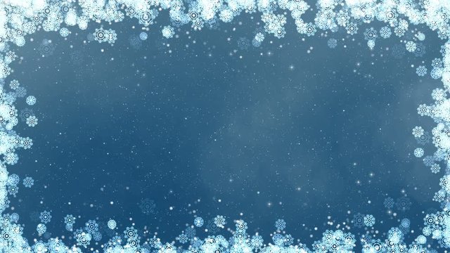 Blue new year frame background. Abstract winter card animation with snowflakes, stars and snow. Computer generated seamless loop.