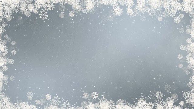 Gray new year frame background. Abstract winter card animation with snowflakes, stars and snow. Computer generated seamless loop.