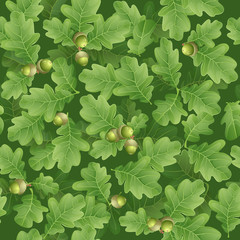 Seamless pattern of spring green oak leaves with green acorns / Non-direction organic pattern for texturing

