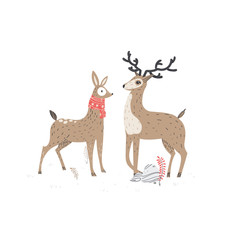 Two beautiful deers. Stylish vector illustration, scandinavian style.
