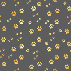 Gold Paw print seamless pattern. Seamless pattern of animal gold footprints. Dog paw print seamless pattern on gold background