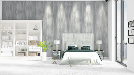Scene of brand new interior in vogue with white rack, modern bed. 3D illustration, 3D rendering. Horizontal arrangement.