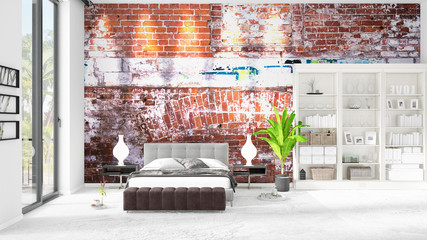 Scene of brand new interior in vogue with white rack, modern bed. 3D illustration, 3D rendering. Horizontal arrangement.