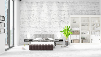 Scene of brand new interior in vogue with white rack, modern bed. 3D illustration, 3D rendering. Horizontal arrangement.
