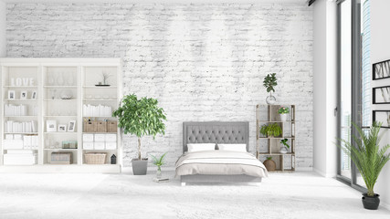 Scene with interior in vogue with white rack and modern bed. 3D illustration and 3D rendering. Horizontal arrangement.