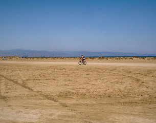 Lady's Mile in summer and shows a cyclist riding on the sand.