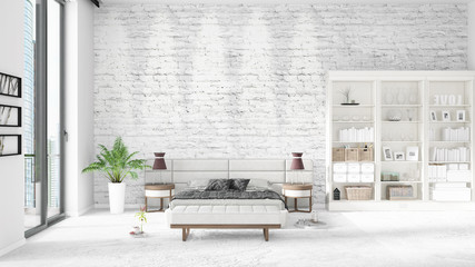 Scene with brand new interior with white rack and modern bed. 3D illustration and 3D rendering. Horizontal arrangement.