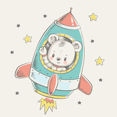 Cute little bear flying in a rocket cartoon hand drawn vector illustration. Can be used for baby t-shirt print, fashion print design, kids wear, baby shower celebration, greeting and invitation card.