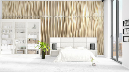 Scene with brand new interior with white rack and modern bed. 3D rendering, 3D illustration. Horizontal arrangement.