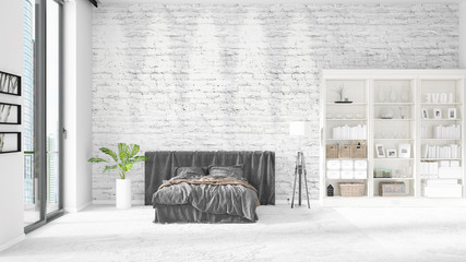 Scene with brand new interior with white rack and modern bed. 3D rendering, 3D illustration. Horizontal arrangement.
