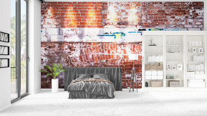 Scene with brand new interior with white rack and modern bed. 3D rendering, 3D illustration. Horizontal arrangement.